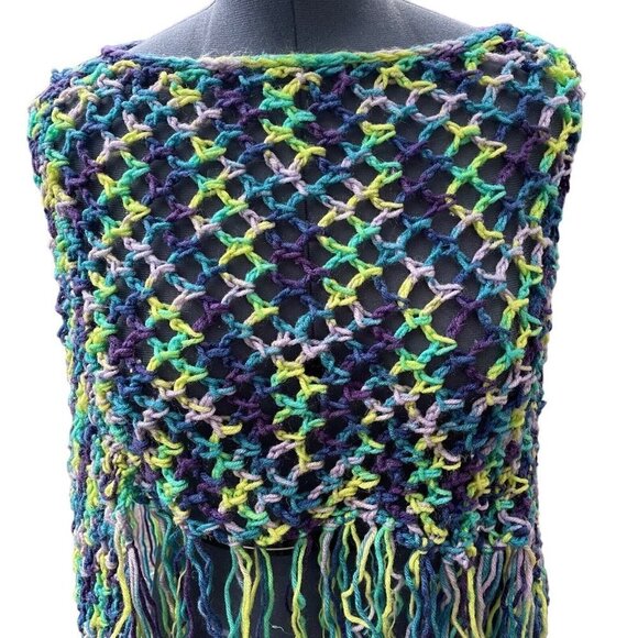 Hand-Made‎ Bohemian Crocheted Poncho/Shawl w/Fringe Multicolor 70's Style Hippie - Picture 4 of 13